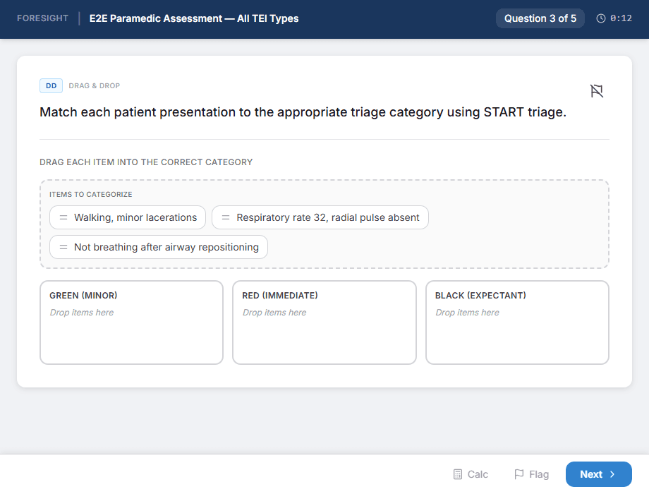 A student-facing START-triage drag-and-drop question in the Foresight exam player